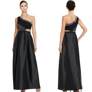 AIDAN MATTOX Black One Shoulder Cutout Gown 6 NWT